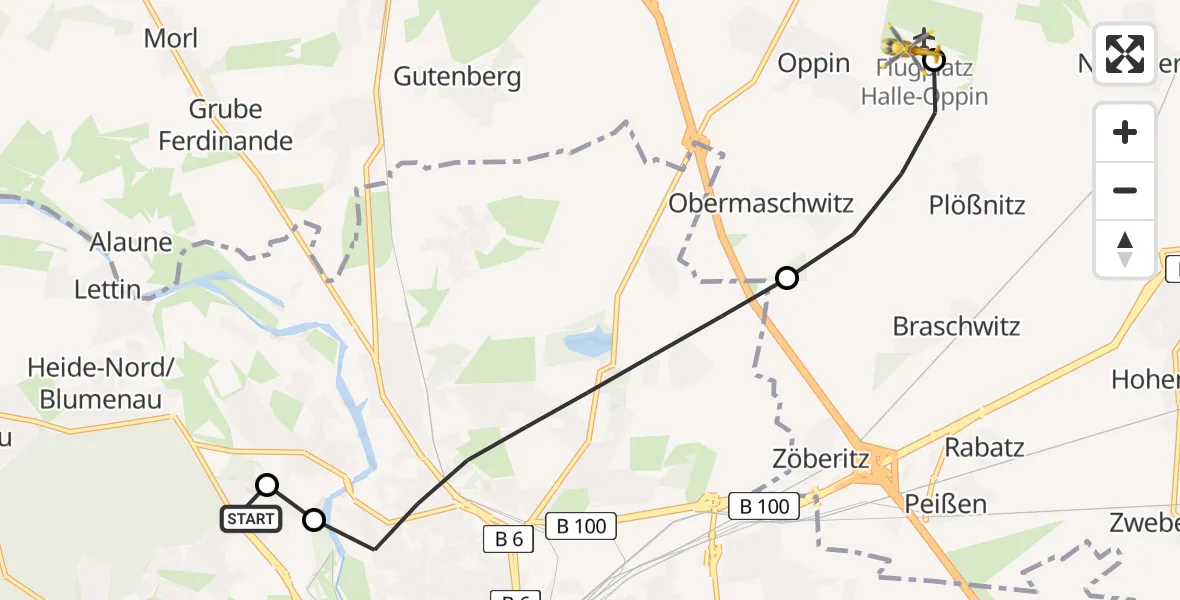 Flugroute Rettungshubschrauber Halle (Saale) University Hospital - Halle-Oppin Flugplatz, 01 Juni 2026, 19:24