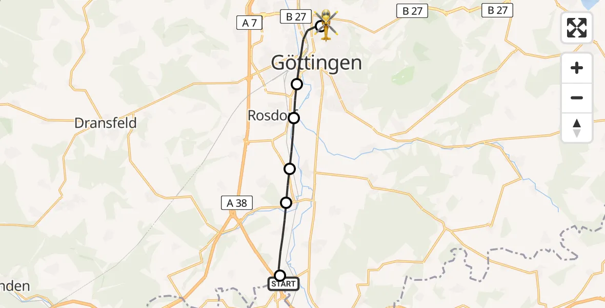 Flugroute Rettungshubschrauber Neu-Eichenberg - Göttingen University Clinic Hubschrauberlandeplatz, 01 Juni 2026, 19:27