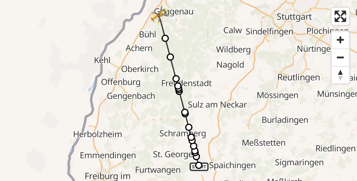 Flugroute Ambulanzhubschrauber DRF Air Rescue Station Villingen-Schwenningen Hubschrauberlandeplatz (Christoph 11) - Baden-Baden, 01 Juni 2026, 19:35