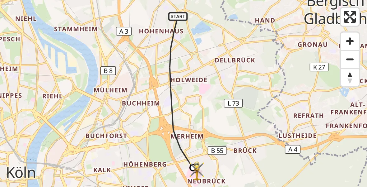 Flugroute Rettungshubschrauber Köln - Merheim Hospital, 01 Juni 2026, 19:38