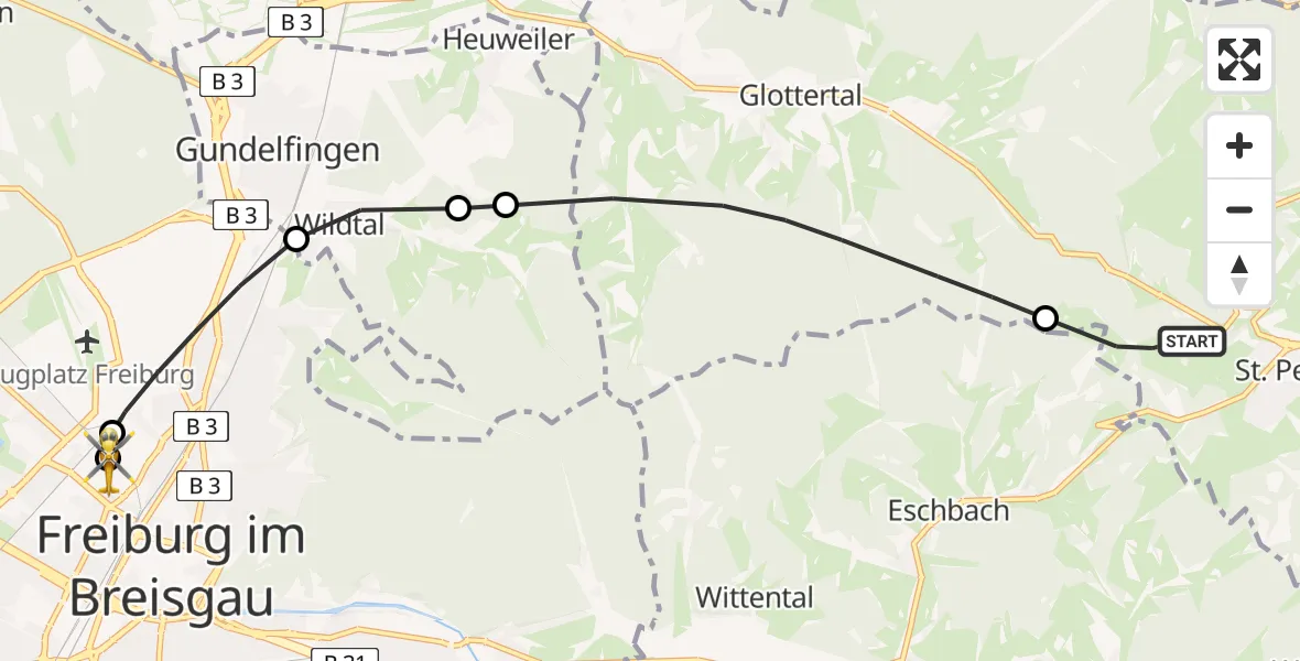 Flugroute Rettungshubschrauber St. Peter - Freiburg University Hospital Heliport 1, 01 Juni 2026, 19:55
