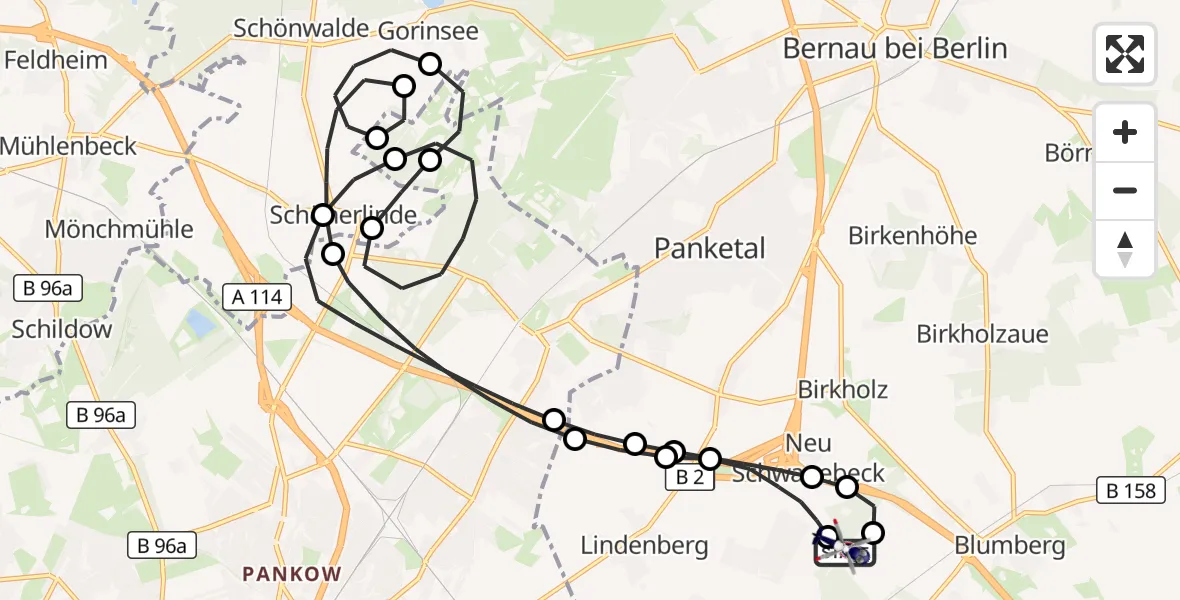 Flugroute Polizeihubschrauber Ahrensfelde Hubschrauberlandeplatz - Ahrensfelde Hubschrauberlandeplatz, 01 Juni 2026, 20:07