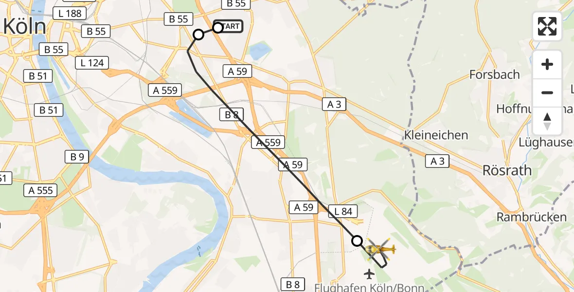 Flugroute Rettungshubschrauber Merheim Hospital - Köln Bonn Flughafen, 01 Juni 2026, 20:16
