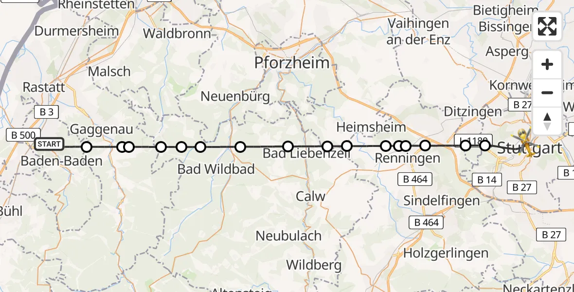 Flugroute Ambulanzhubschrauber Baden-Baden - Stuttgart, 01 Juni 2026, 20:22
