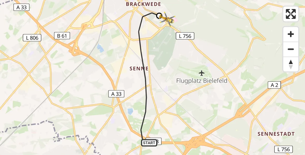 Flugroute Rettungshubschrauber Bielefeld - Luftrettungszentrum Bielefeld, 01 Juni 2026, 20:27