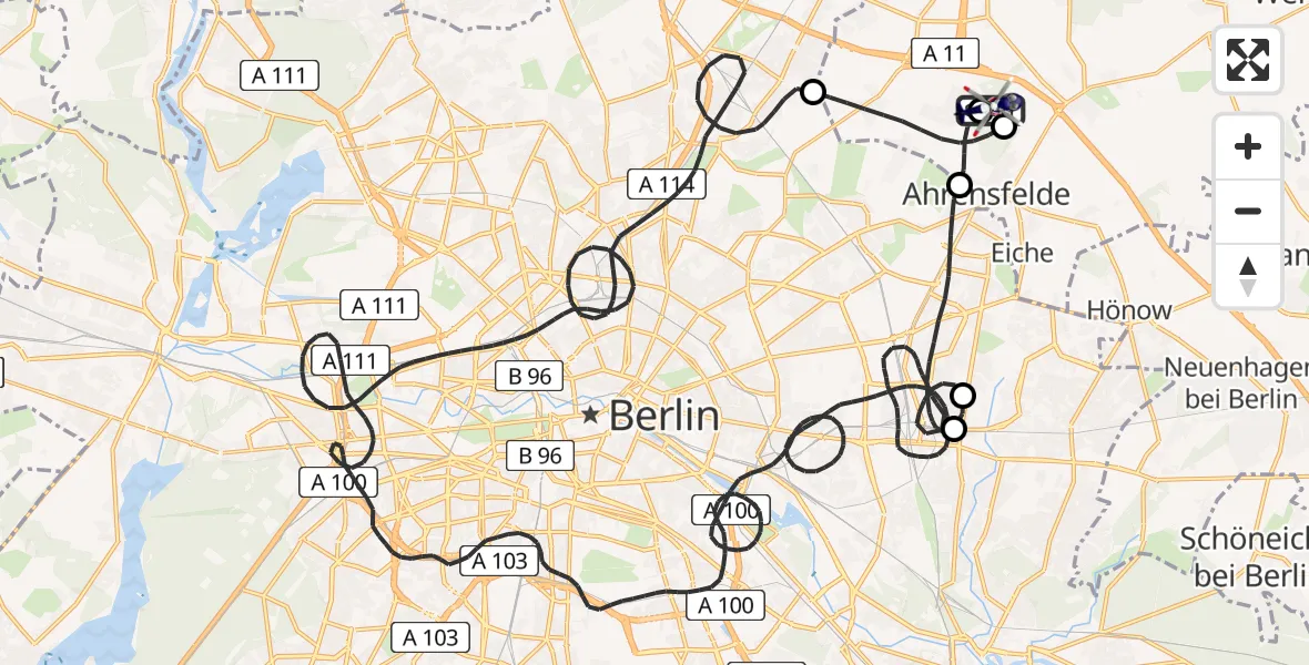 Flugroute Polizeihubschrauber Ahrensfelde Hubschrauberlandeplatz - Ahrensfelde Hubschrauberlandeplatz, 01 Juni 2026, 20:27