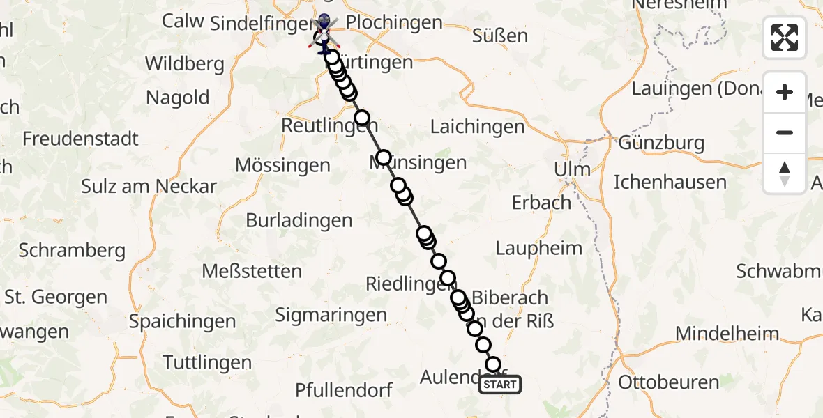 Flugroute Polizeihubschrauber Bad Waldsee - Flughafen Stuttgart, 01 Juni 2026, 20:31