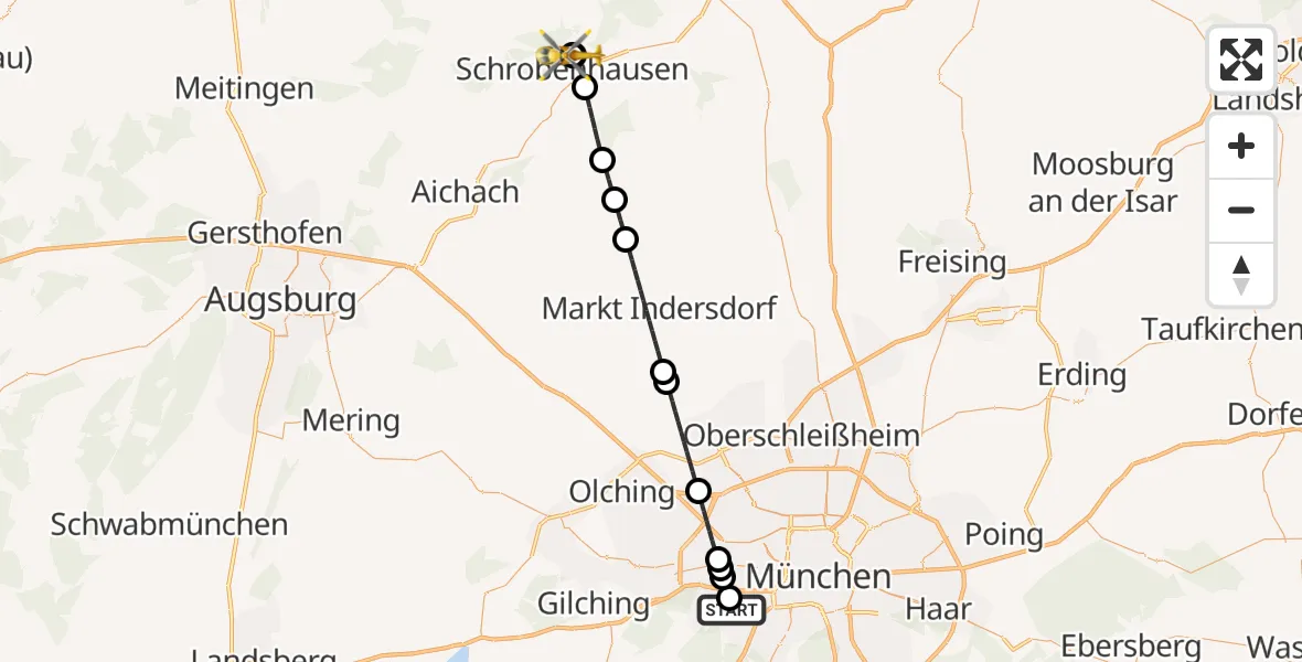 Flugroute Rettungshubschrauber DRF Air Rescue München Hubschrauberlandeplatz - Schrobenhausen District Hospital, 01 Juni 2026, 20:39