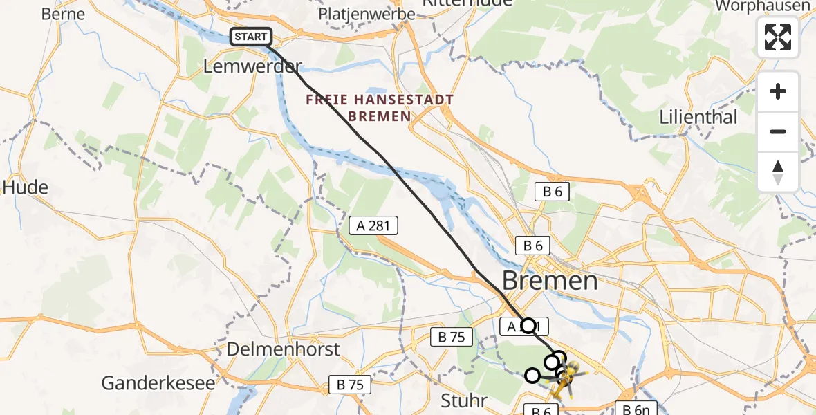 Flugroute Rettungshubschrauber Bremen - ADAC Air Rescue Station Bremen Hubschrauberlandeplatz (Christoph 6), 01 Juni 2026, 20:47