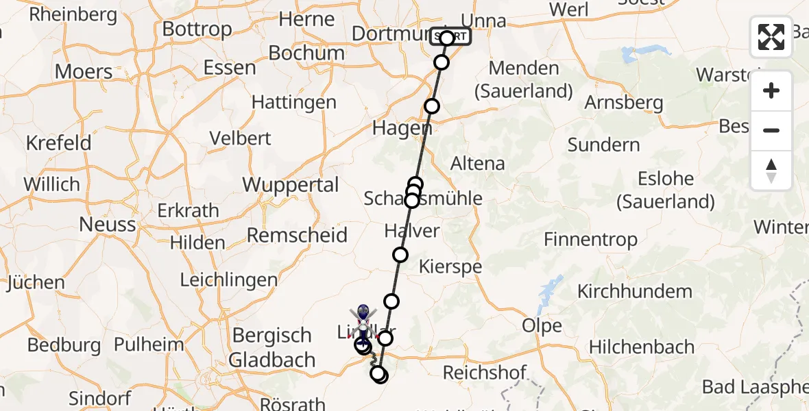 Flugroute Polizeihubschrauber Dortmund Flughafen - Lindlar, 01 Juni 2026, 21:09