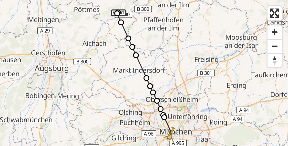 Flugroute Rettungshubschrauber Schrobenhausen District Hospital - München, 01 Juni 2026, 21:19