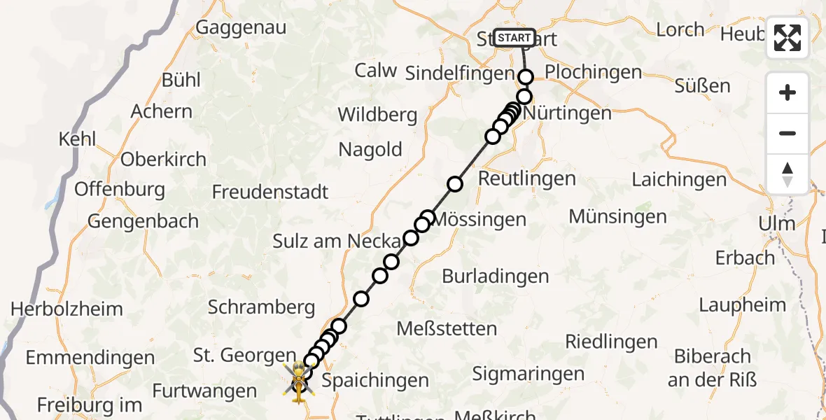 Flugroute Ambulanzhubschrauber Stuttgart - DRF Air Rescue Station Villingen-Schwenningen Hubschrauberlandeplatz (Christoph 11), 01 Juni 2026, 21:22