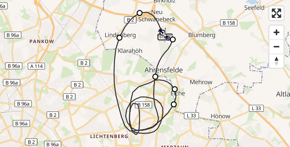 Flugroute Polizeihubschrauber Ahrensfelde Hubschrauberlandeplatz - Ahrensfelde Hubschrauberlandeplatz, 01 Juni 2026, 22:16