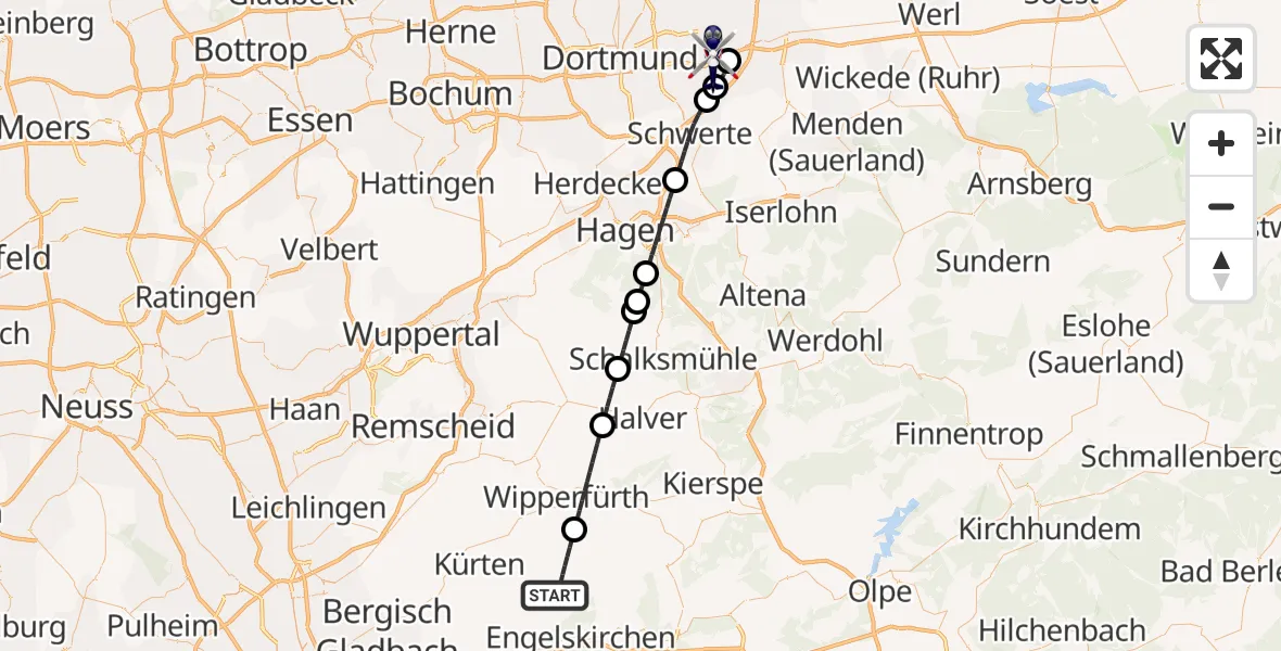 Flugroute Polizeihubschrauber Lindlar - Dortmund Flughafen, 01 Juni 2026, 22:22
