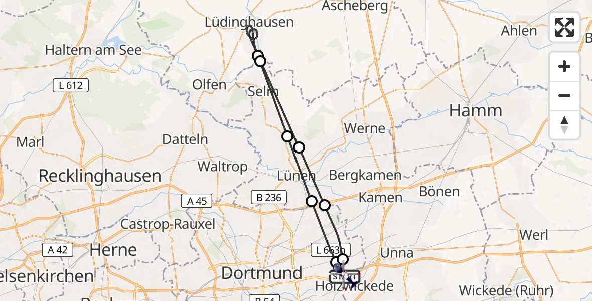Flugroute Polizeihubschrauber Dortmund Flughafen - Dortmund Flughafen, 02 Juni 2026, 00:39