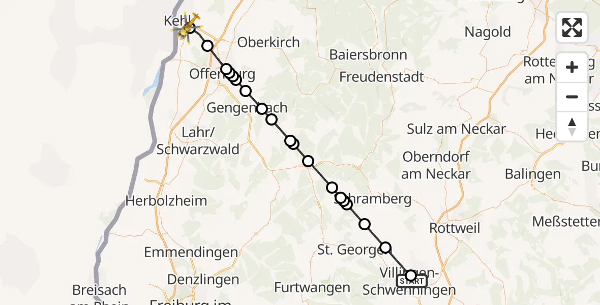 Flugroute Ambulanzhubschrauber DRF Air Rescue Station Villingen-Schwenningen Hubschrauberlandeplatz (Christoph 11) - Kehl-Sundheim Flugplatz, 02 Juni 2026, 01:10