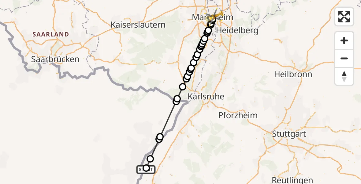 Flugroute Ambulanzhubschrauber Kehl-Sundheim Flugplatz - Mannheim, 02 Juni 2026, 02:13