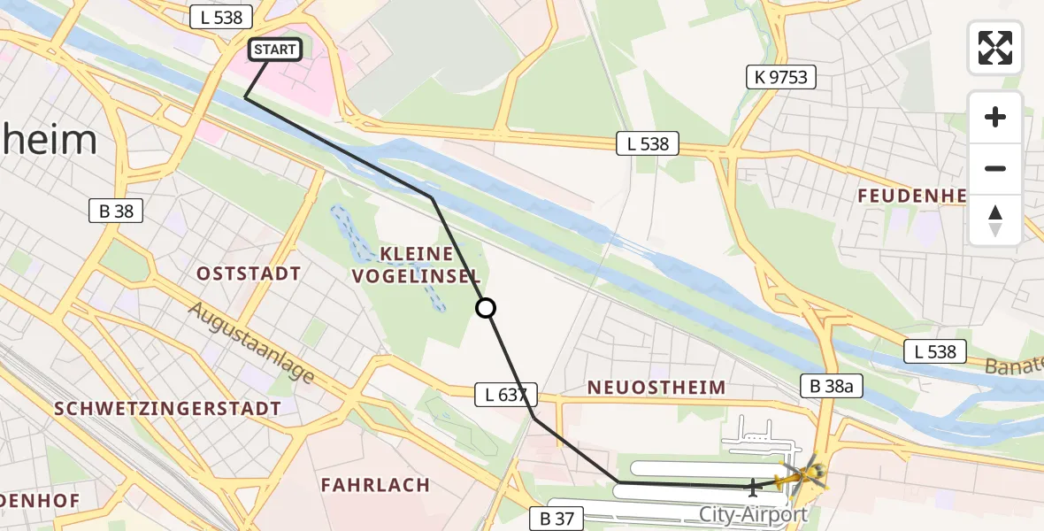 Flugroute Ambulanzhubschrauber Mannheim - Mannheim-City Flughafen, 02 Juni 2026, 02:57