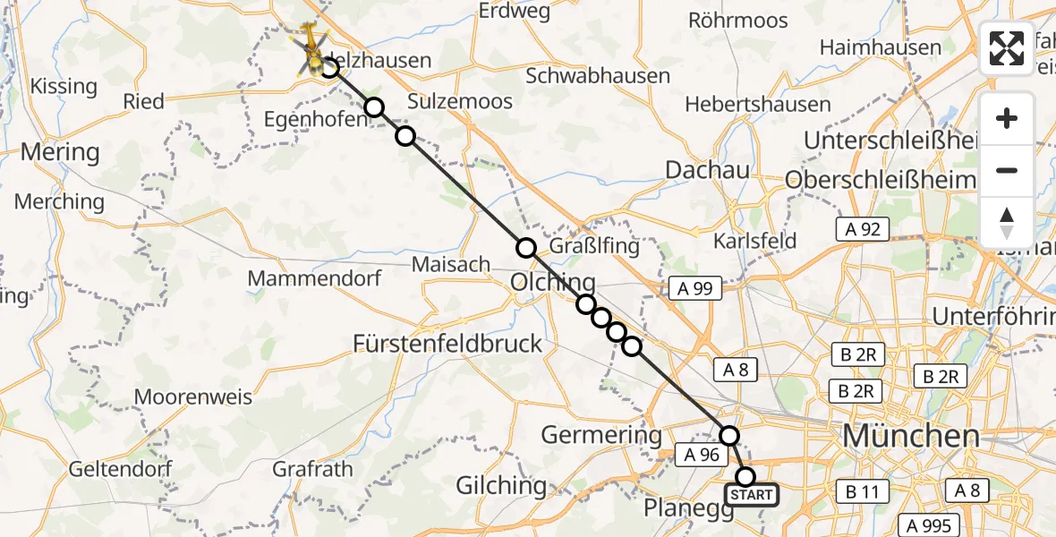 Flugroute Rettungshubschrauber DRF Air Rescue München Hubschrauberlandeplatz - Pfaffenhofen a.d.Glonn, 02 Juni 2026, 03:00