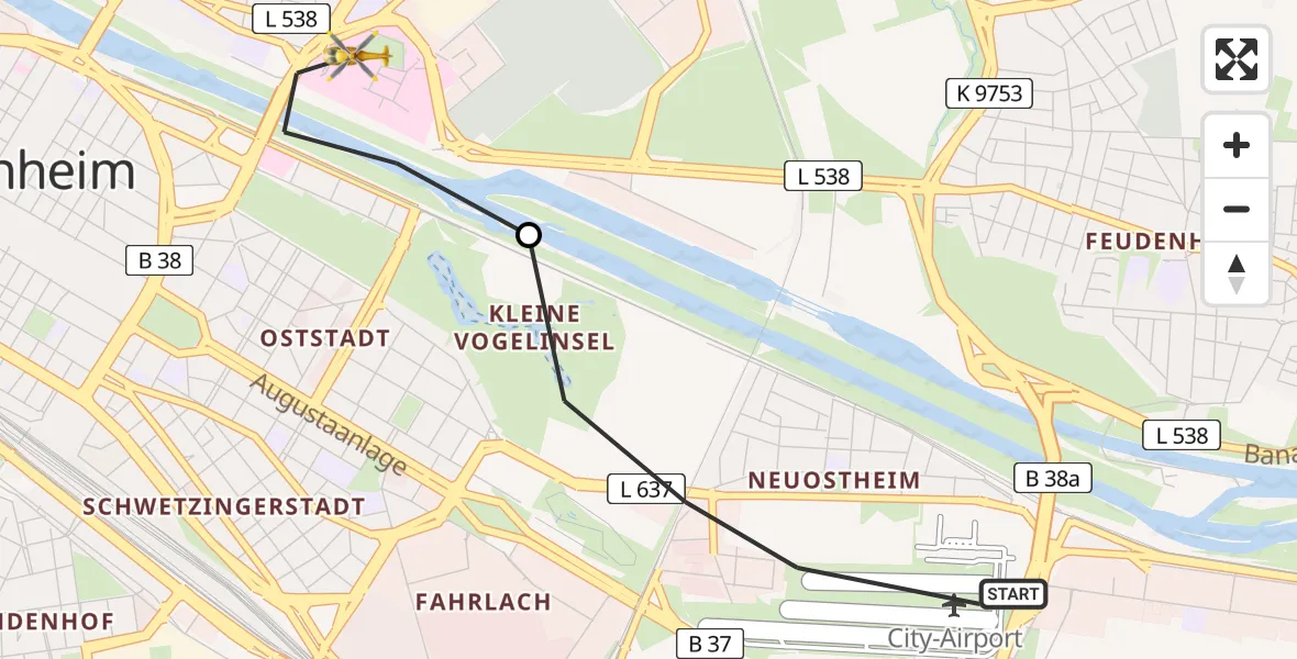 Flugroute Ambulanzhubschrauber Mannheim-City Flughafen - Mannheim, 02 Juni 2026, 03:15