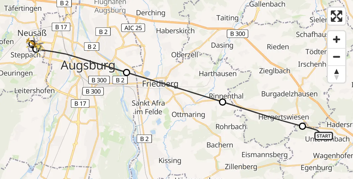 Flugroute Rettungshubschrauber Pfaffenhofen a.d.Glonn - Augsburg University Hospital, 02 Juni 2026, 04:02
