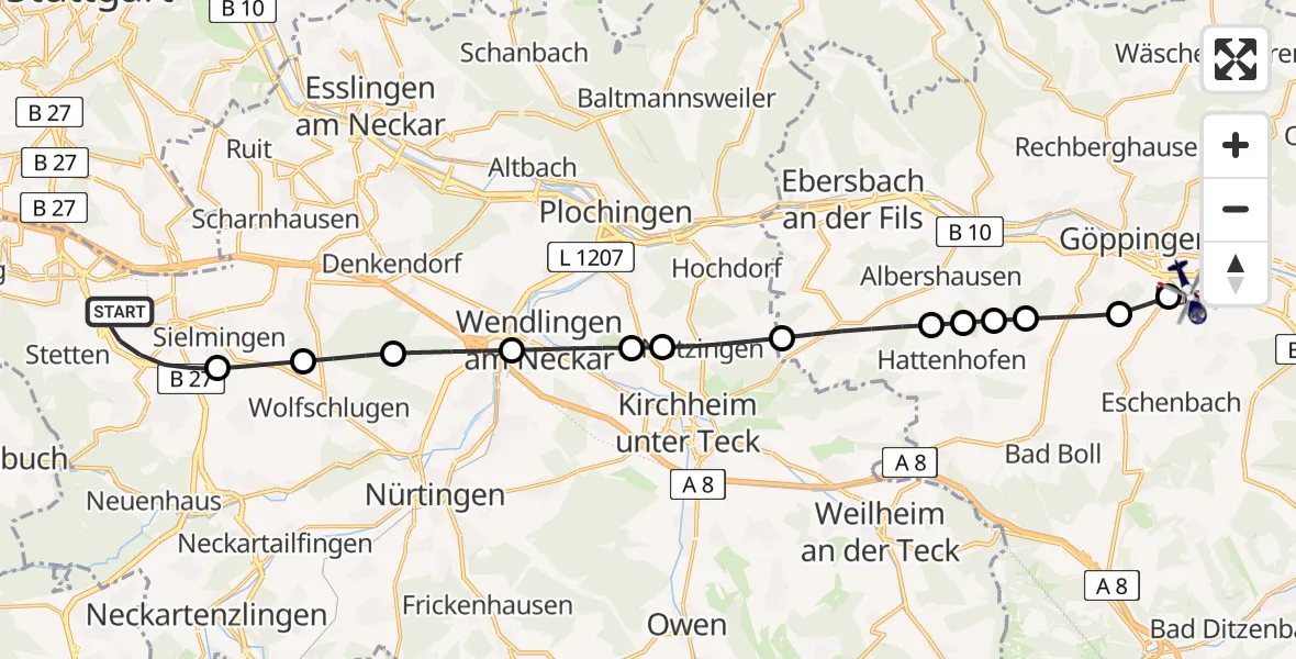Flugroute Polizeihubschrauber Flughafen Stuttgart - Göppingen, 02 Juni 2026, 05:12