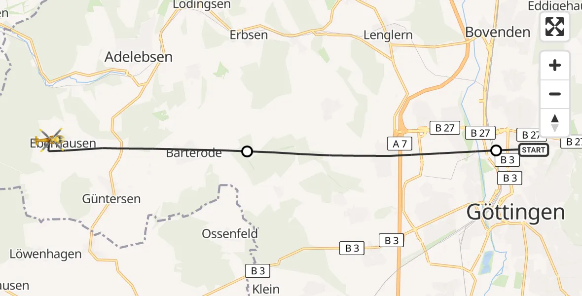 Flugroute Rettungshubschrauber Göttingen University Clinic Hubschrauberlandeplatz - Adelebsen, 02 Juni 2026, 05:19