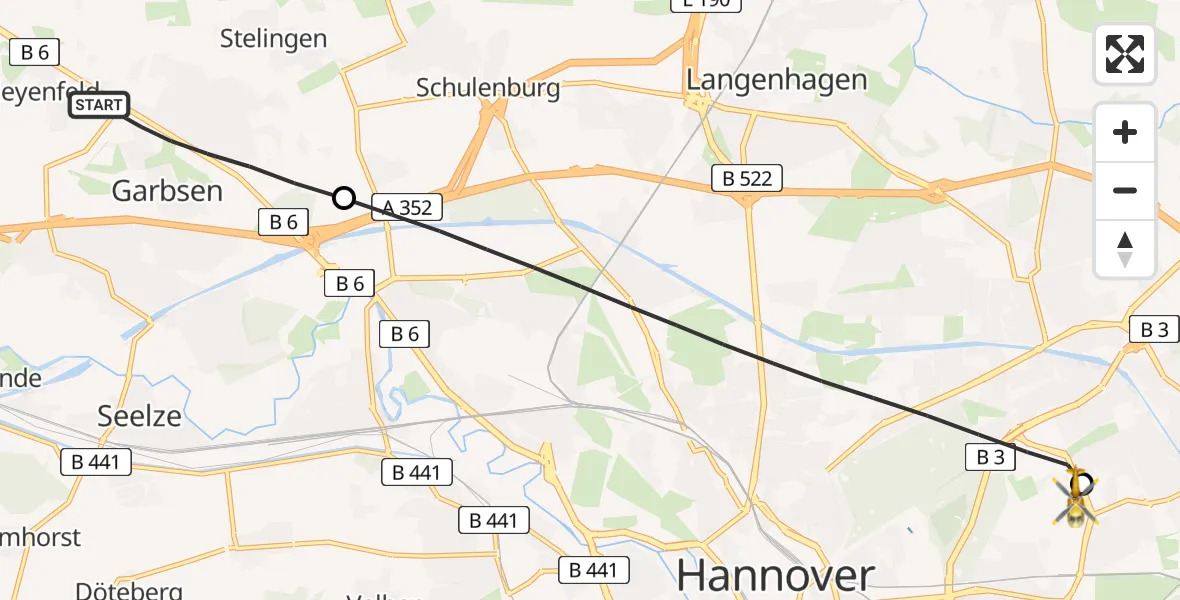 Flugroute Rettungshubschrauber Garbsen - Hannover Luftrettung Hubschrauberlandeplatz (Christoph 4), 02 Juni 2026, 05:33