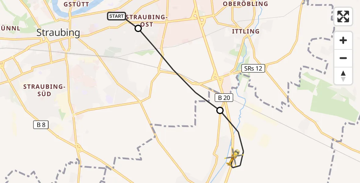 Flugroute Rettungshubschrauber Sankt Elisabeth Hospital Straubing - Aiterhofen, 02 Juni 2026, 05:33