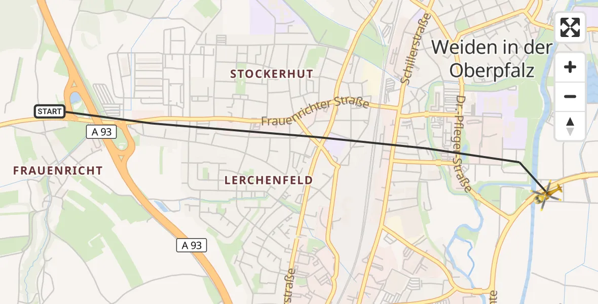 Flugroute Rettungshubschrauber Weiden i.d.OPf. - Weiden i.d.OPf., 02 Juni 2026, 05:36