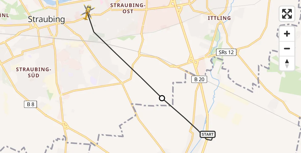 Flugroute Rettungshubschrauber Aiterhofen - Sankt Elisabeth Hospital Straubing Hubschrauberlandeplatz, 02 Juni 2026, 05:38