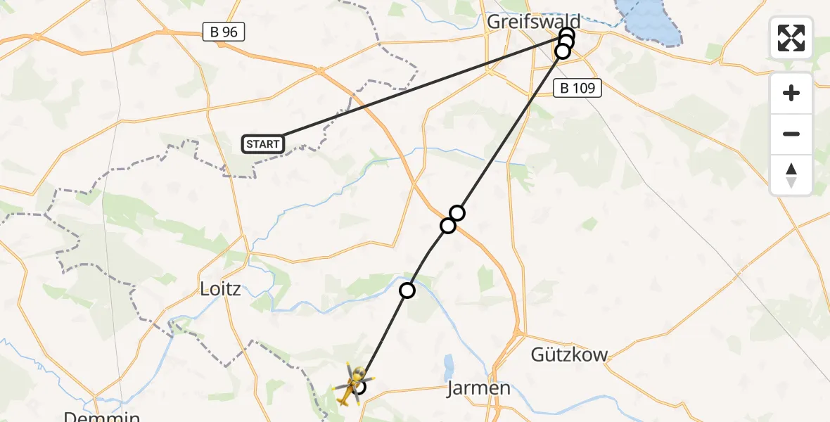 Flugroute Rettungshubschrauber Süderholz - Tutow, 02 Juni 2026, 05:38