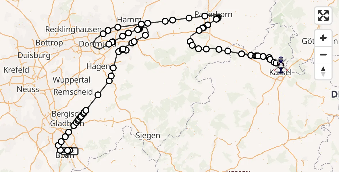 Flugroute Polizeihubschrauber Sankt Augustin - Fuldatal Bundespolizei Hubschrauberlandeplatz, 02 Juni 2026, 06:00