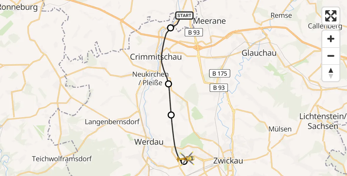 Flugroute Rettungshubschrauber Ponitz - ADAC Air Rescue Station Zwickau Hubschrauberlandeplatz, 02 Juni 2026, 06:04