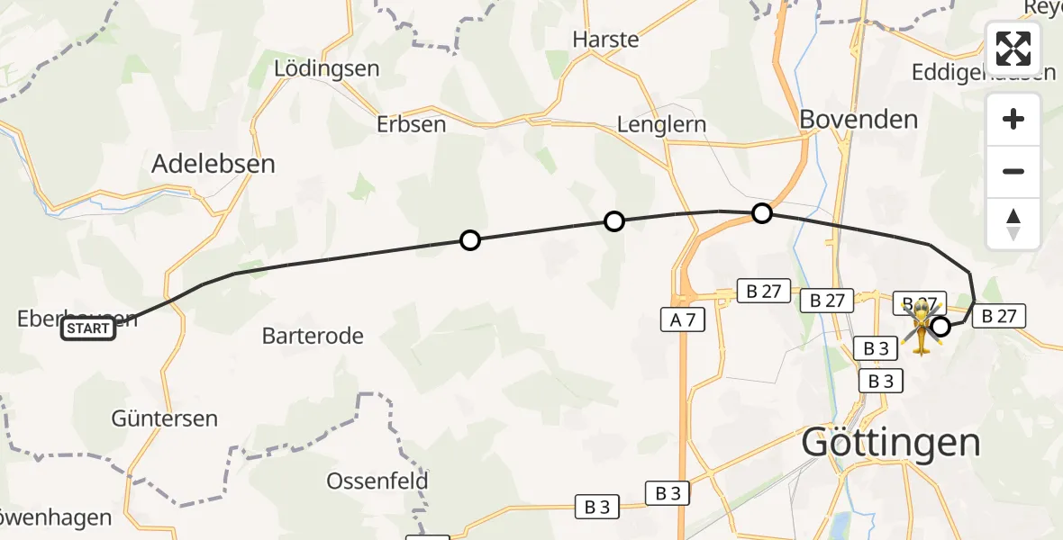 Flugroute Rettungshubschrauber Adelebsen - Göttingen University Clinic Hubschrauberlandeplatz, 02 Juni 2026, 06:06