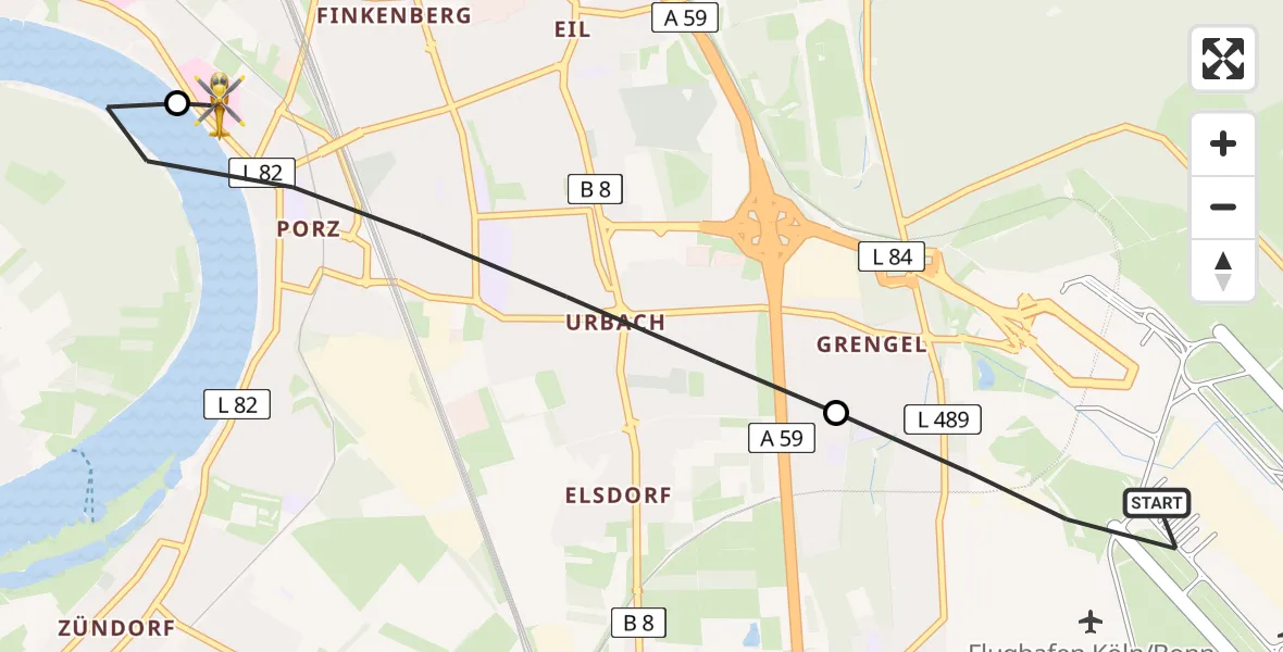 Flugroute Rettungshubschrauber Köln Bonn Flughafen - Porz am Rhein Hospital, 02 Juni 2026, 06:22