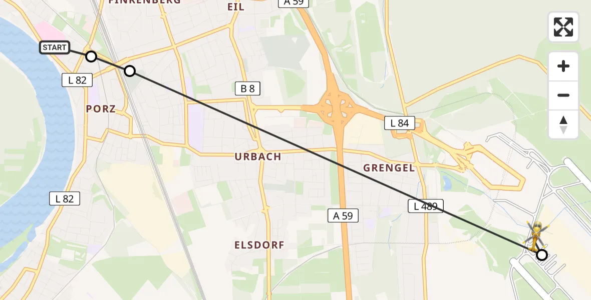 Flugroute Rettungshubschrauber Porz am Rhein Hospital - Köln Bonn Flughafen, 02 Juni 2026, 06:27