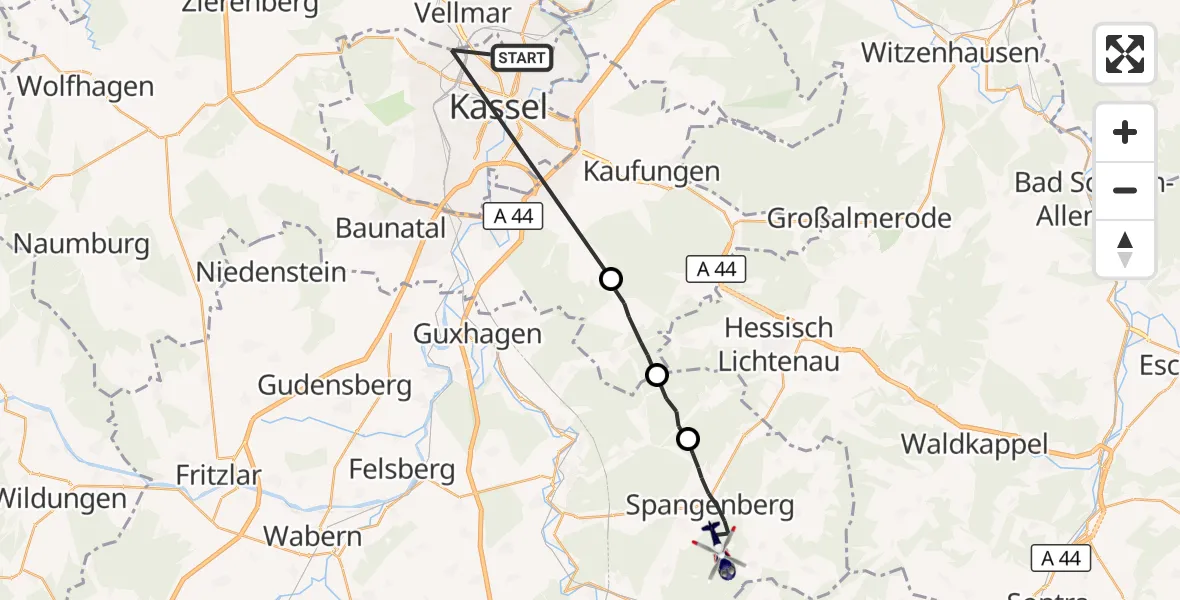 Flugroute Polizeihubschrauber Kassel - Spangenberg, 02 Juni 2026, 06:28