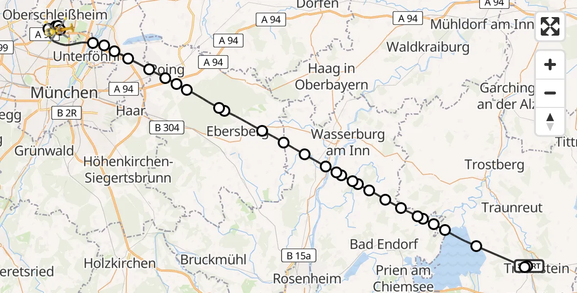 Flugroute Rettungshubschrauber Traunstein Hospital - Oberschleißheim, 02 Juni 2026, 06:29