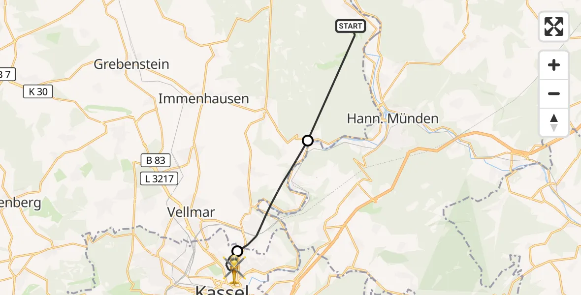 Flugroute Rettungshubschrauber Reinhardshagen - Kassel, 02 Juni 2026, 06:29