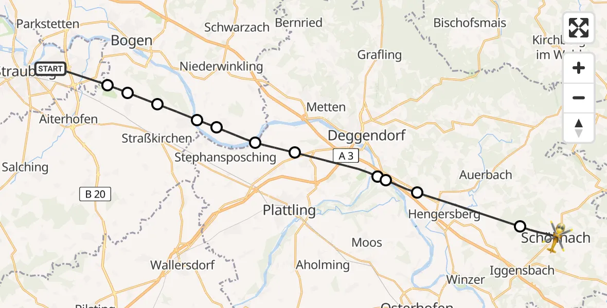 Flugroute Rettungshubschrauber Straubing - Schöllnach, 02 Juni 2026, 06:32