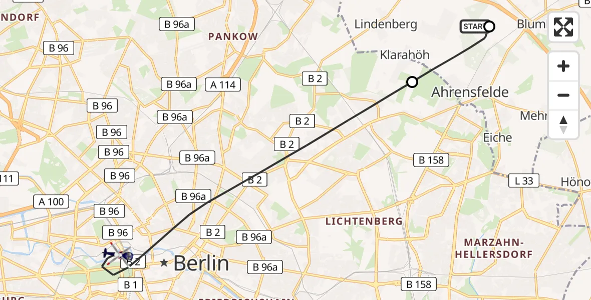 Flugroute Polizeihubschrauber Ahrensfelde Hubschrauberlandeplatz - Berlin, 02 Juni 2026, 06:41