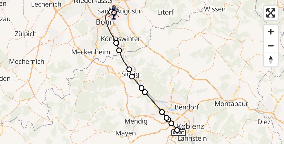 Flugroute Polizeihubschrauber Winningen - Sankt Augustin, 02 Juni 2026, 06:42