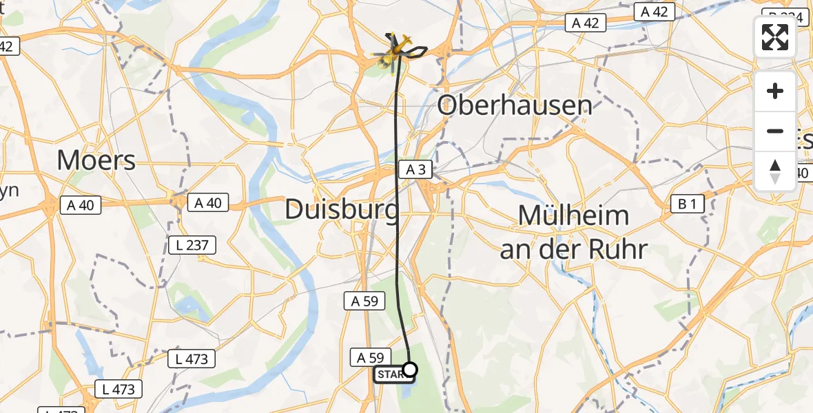 Flugroute Rettungshubschrauber Duisburg Air Rescue Hubschrauberlandeplatz (Christoph 9) - Duisburg, 02 Juni 2026, 06:45