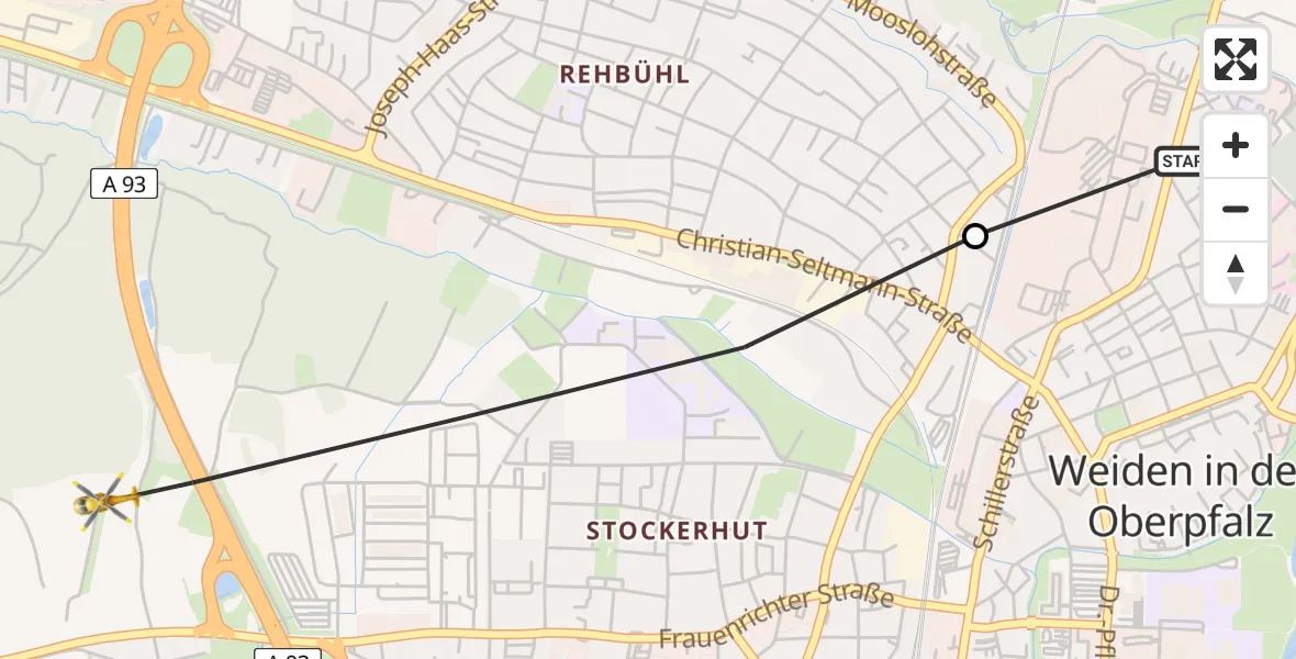 Flugroute Rettungshubschrauber Weiden Hospital - Weiden i.d.OPf., 02 Juni 2026, 06:45