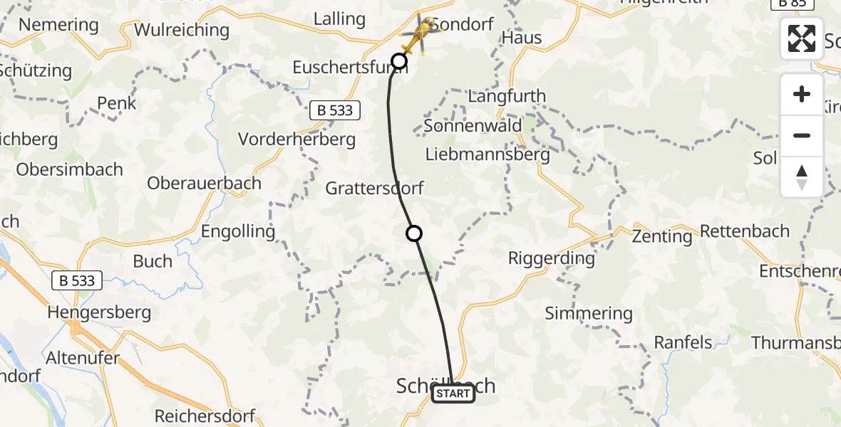 Flugroute Rettungshubschrauber Schöllnach - Hunding, 02 Juni 2026, 06:57