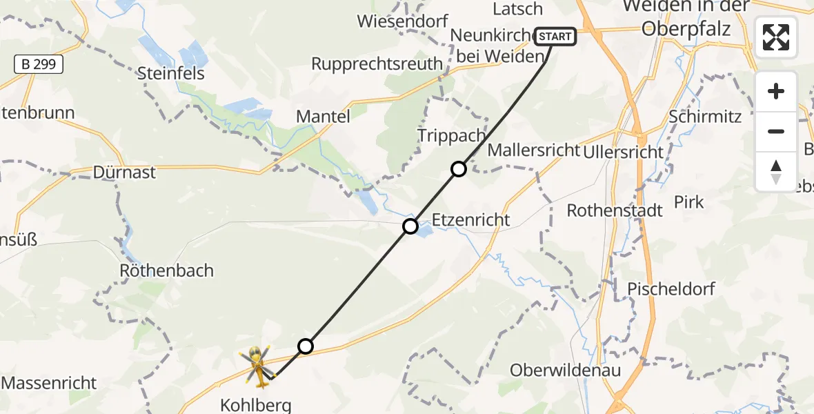 Flugroute Rettungshubschrauber Weiden i.d.OPf. - Kohlberg, 02 Juni 2026, 06:57