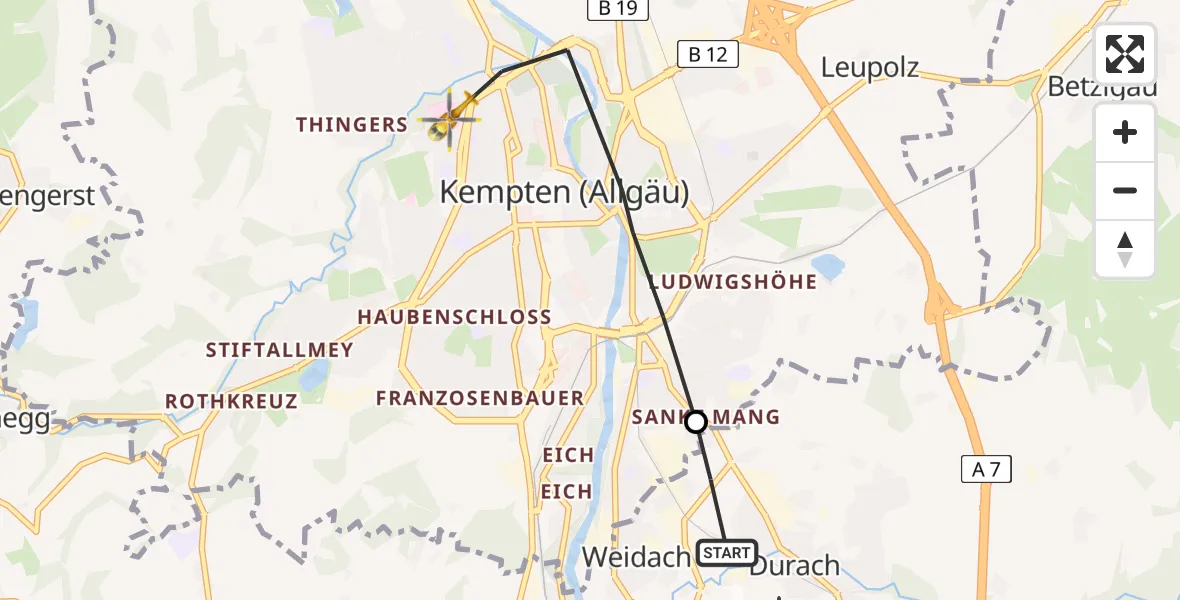 Flugroute Rettungshubschrauber Durach - Kempten (Allgäu), 02 Juni 2026, 07:02