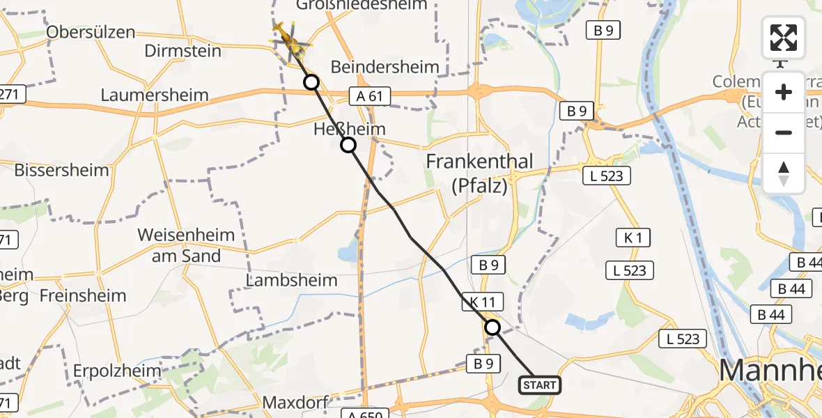Flugroute Rettungshubschrauber Ludwigshafen am Rhein - Heuchelheim bei Frankenthal, 02 Juni 2026, 07:16