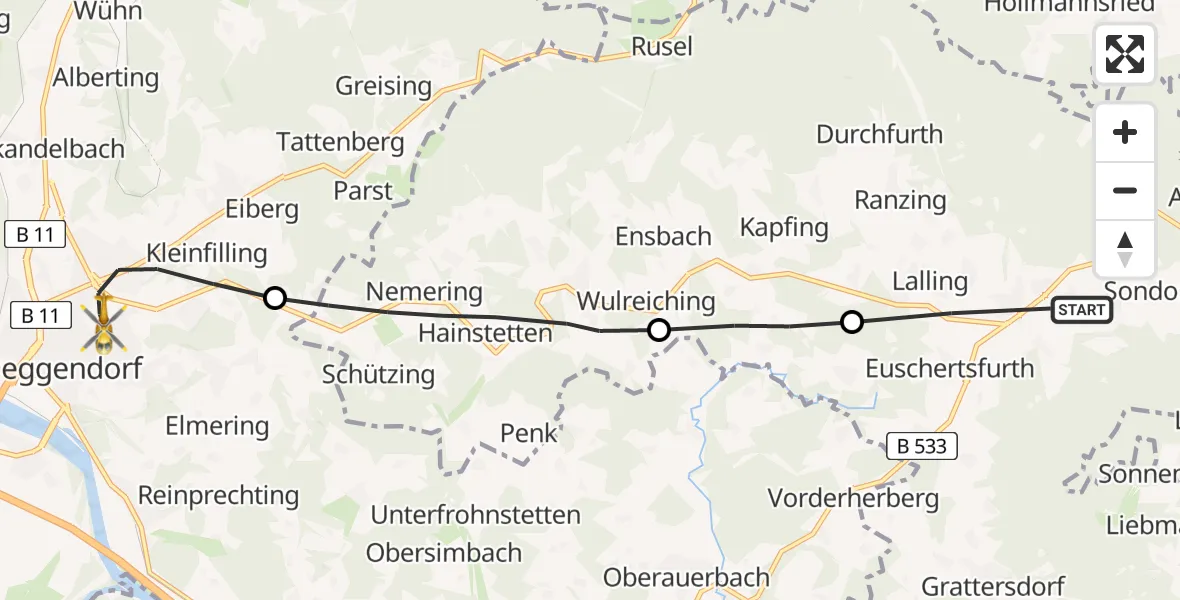 Flugroute Rettungshubschrauber Hunding - Deggendorf, 02 Juni 2026, 07:21